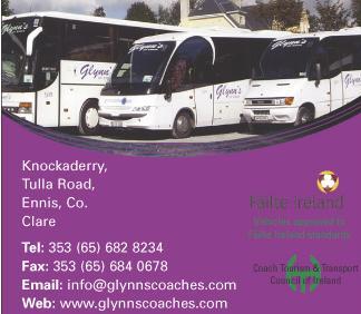 Family run, Glynn's Coaches of Ennis is one of Ireland s top private coach, chauffeur drive and mini bus hire companies. We specialise in Irish golf tours & also in extended tours for all group sizes.