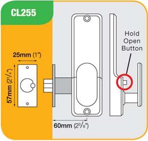The CL255 KEY locks are supplied with a random code commencing with the C clear button. To change the code after fitting, the lock must first be removed from the door.