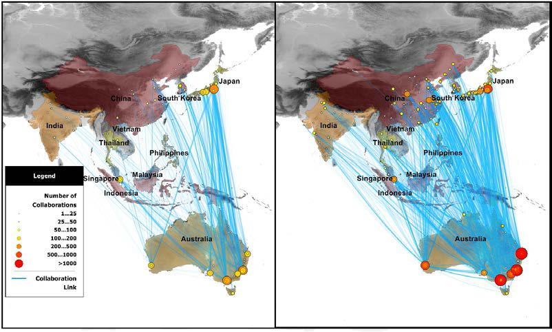 Scientific links between Australia and Asian nations 2002 2010 Sources: Thomson Reuters