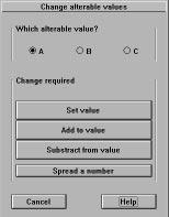 A Picks alterable value A. B Affects alterable value B C Selects alterable value C. Set value Loads your value with a new number. Add to value Increases an alterable value by the chosen amount.