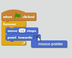 Cool, we have a character who moves, but it s not a game yet because you can t control it. Let s go back to the Motion section (dark blue) and grab Point Towards.