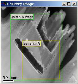 5. From the SI menu, select the menu item ASSIGN SPECTRUM IMAGE REGION. The defined ROI is now labelled as Spectrum Image To Define the spatial drift region. 1.