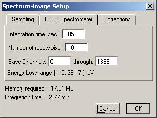 Click on the EELS Spectrometer tab. Verify/adjust the parameters accordingly: Figure 4-20. Spectrometer options for SI setup. 4. Click on the Corrections tab to specify type(s) and method(s) of correction.