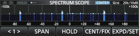 . Open the SPECTRUM SCOPE screen. MENU» SCOPE. Touch the Scope screen. The area around the touched point is zoomed in. LTouch only the FFT scope zone or Waterfall zone.