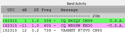 Band Activity Window UTC: Coordinated Universal Time db: S/N in decibels