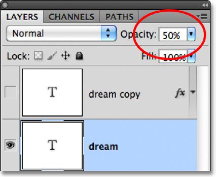 Let s see what happens if I lower the Opacity value down to 50%: Reducing the opacity of the Type layer to 50%.