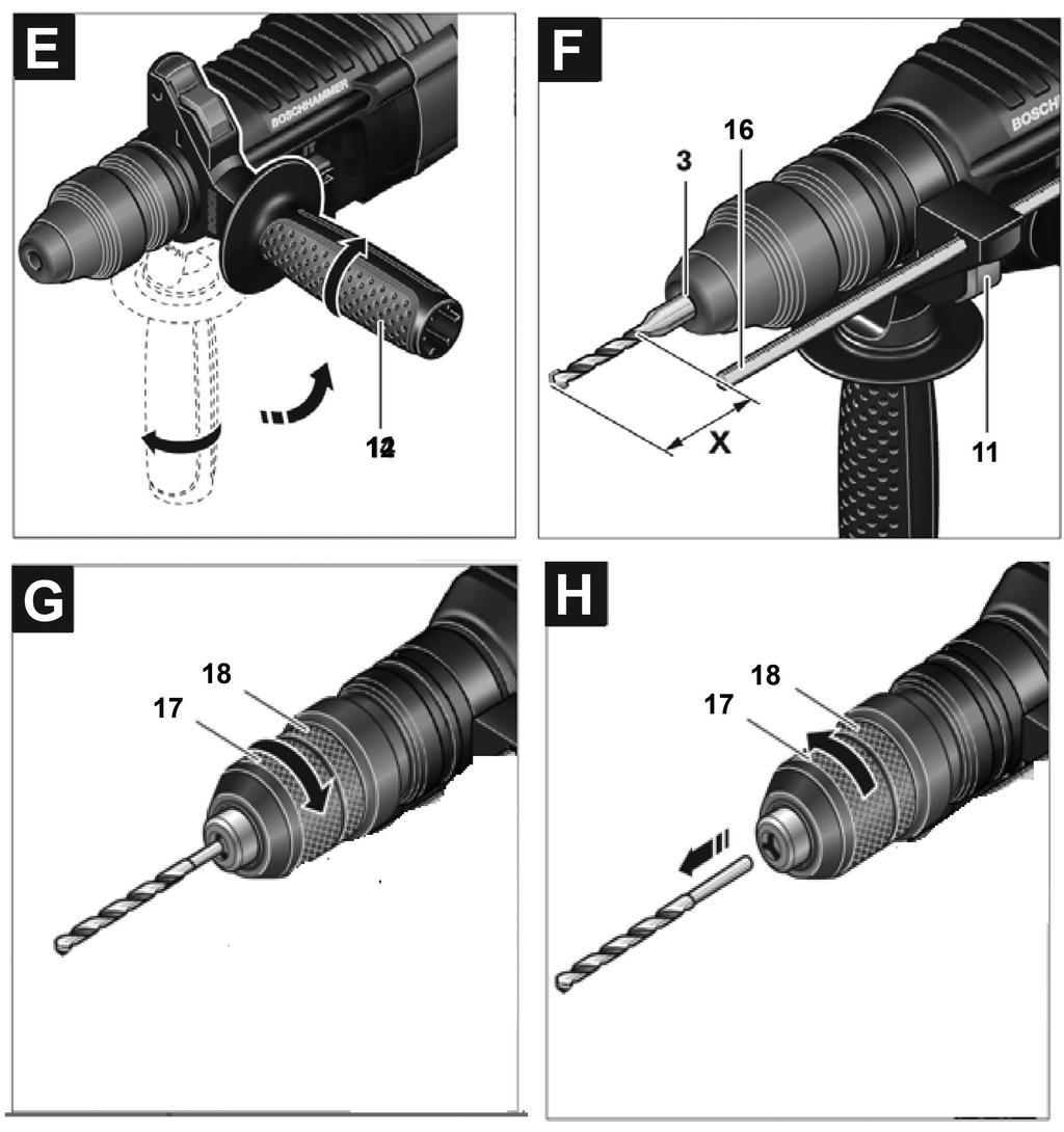 Features refer to the illustration of the Rotary Hammer on the graphics page.