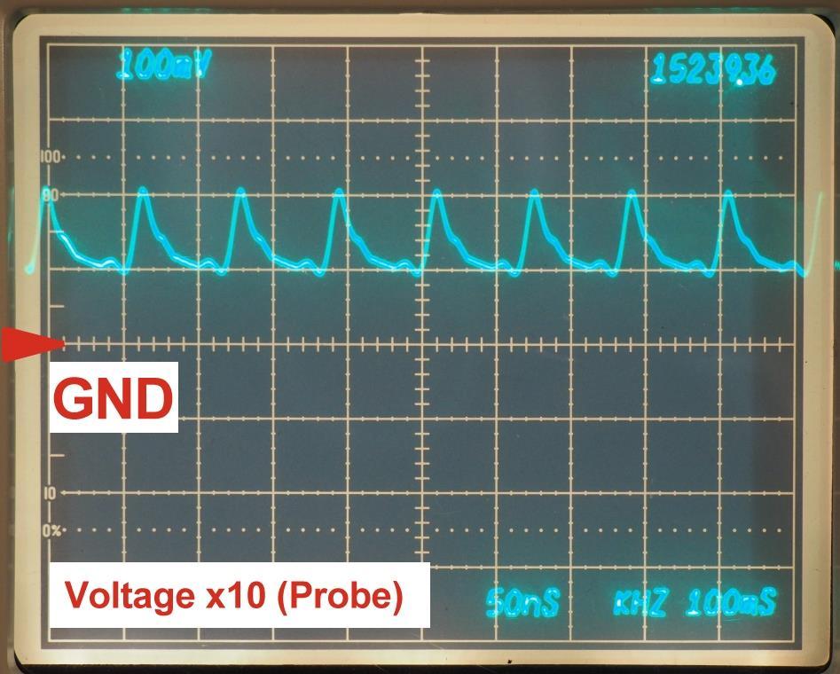 Here some measurements at TP1 to TP3: At TP1, connected to first doubler, the scope shows: Measured DC-levels: TP1: 1,3VDC TP2: 1,2VDC TP3: 0,23VDC It could be assumed, that the inductors L3 to L7