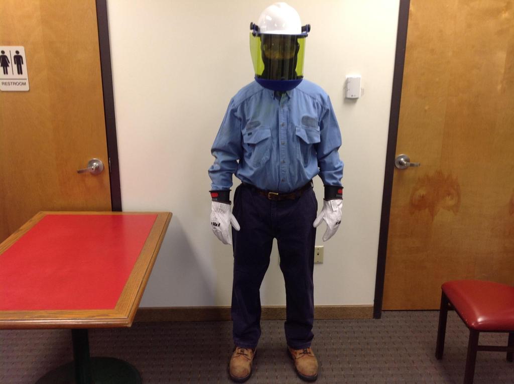 Hard hat, arc-rated face shield, arc rated balaclava, safety glasses, hearing protection Cotton t-shirt Equal to or greater