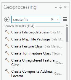 Exercise 3 You will need a scratch or temporary geodatabase for geoprocessing that will come later. Use the Create File Geodatabase tool to create the scratch geodatabase. c. In the Find Tools dialog, search for the Create File Geodatabase tool.