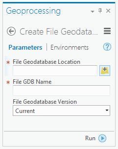 Click on Create File Geodatabase in the list of candidates. The Geoprocessing pane changes to show you the input parameters for the Create File Geodatabase tool. e.