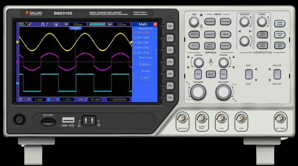 Key Features 200 / 100 / 70MHz bandwidths Arbitrary/Function Waveform Generator + Synchronizing Signal + External Trigger 1GSa/s Real Time sample rate 7 large color display, WVGA (800x480) 2