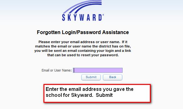 IF YOUR EMAIL ADDRESS IS NOT IN SKYWARD, CONTACT THE SCHOOL AND HAVE THE SECRETARY ADD IT TO YOUR PROFILE.