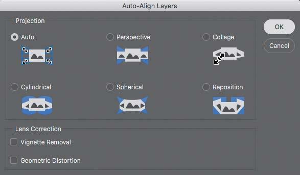 E Tip: When aligning layers that are not involved in a panorama, Reposition is often the best alignment option to use. In this exercise, Reposition is the projection that the Auto option chose.