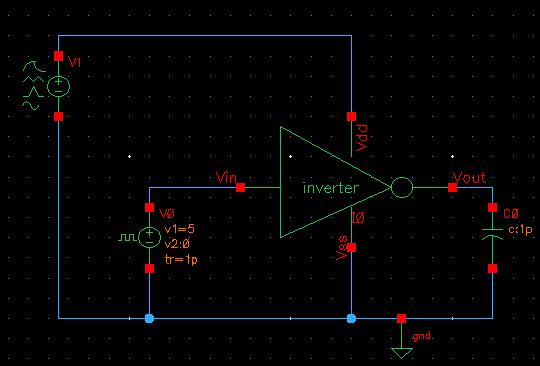 4 Inverter transient response simulation Setting up the test bench was the next step after making the inverter symbol. I created another schematic called test_inverter.