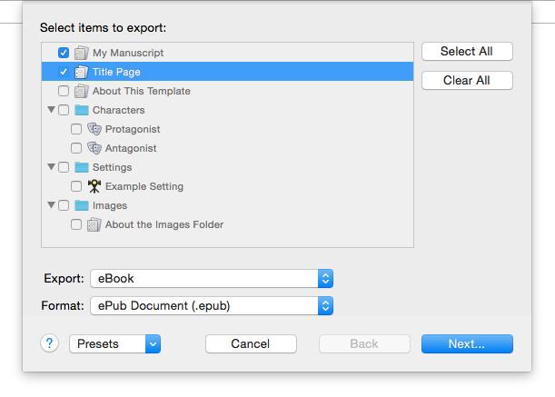 Exporting and Sharing Your Work Storyist can export project items to disk as individual files or it can combine them and export them as a single ebook.