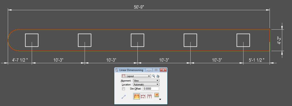 29. Change Models into the Top Saved View, Partial Plan View Phase I and using Linear Dimension, dimension the overall length of the cap and from left midpoint to center of each pier