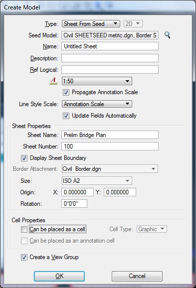 5. From Models, Create a New Model, using Sheet from Seed, select the Civil SHEETSEED metric.dgn (Border Sheet) from our project training directory. Fill out the Create Model dialog as shown.
