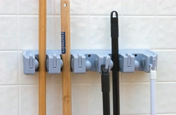 HANDLE ACCESSORIES Roll N Grip Broom & Brush Holder System Adjustable rack holds a variety of different handle diameters Comes with a convenient hook for tools and brushes (additional hooks and