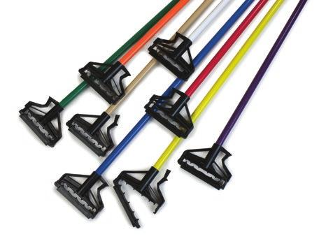 MOP HANDLES Quick-Release Mop Handles 60" durable fiberglass Flexible plastic head with hinged gripper bites into any size mop band Releases mop head quickly; employees never need to