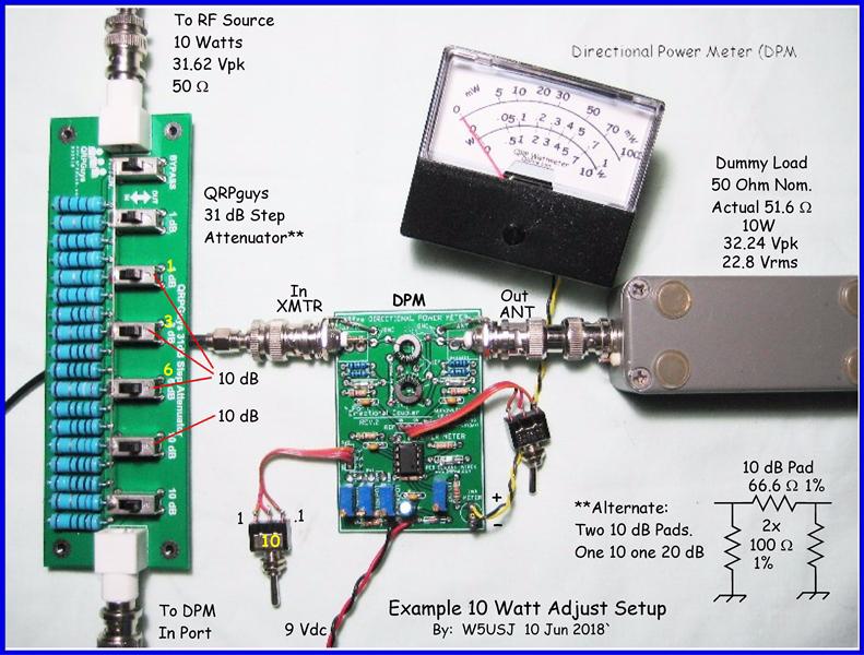 [3] Accurate 10 db and 20 db attenuator or 2ea 10 db [4] SW2 to 10W position, Input 10 W observe meter [5] Insert 10 db, SW2 to 1 W
