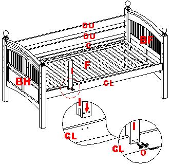 ASSEMBLING UPPER BUNK 7. Layout the Mattress Support Slats (part F) into the slots in the Mattress Side Rail (part C) and the Ladder Side Rail (part CL); Make sure that every slot has a slat. 8.