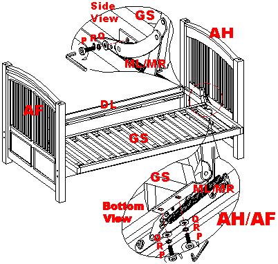 13. Now attach the Sofa Right Bracket (part MR) to the Lower Headboard (part AH) with two 3/4" Bolts (part P) through the Lock Washers and Flat Washers (part R & Q) through the Bracket into the