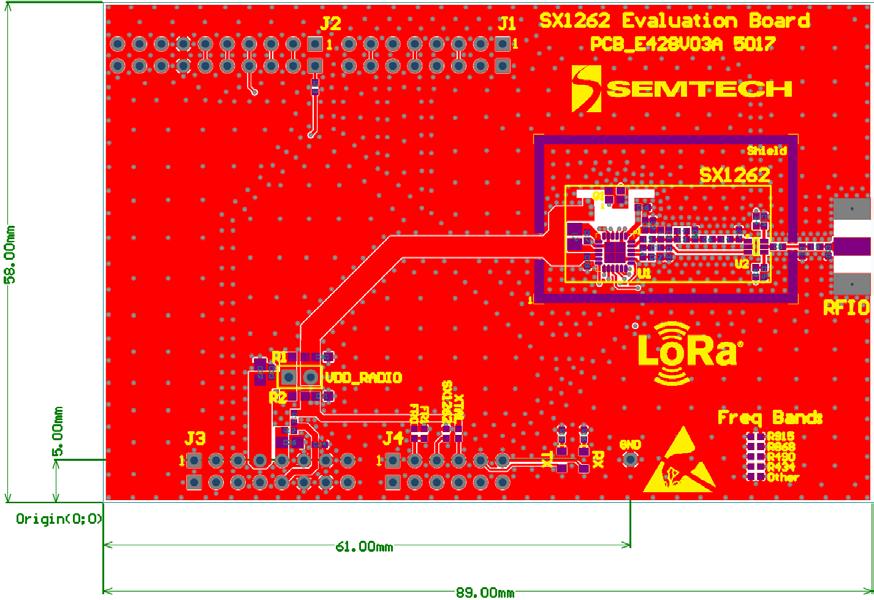 2.2.2 E428V03A PCB The key difference between this SX1262 PCB design versus the SX1261 two-layer design is that the former deploys a four-layer FR-4 substrate instead of a two-layer substrate.