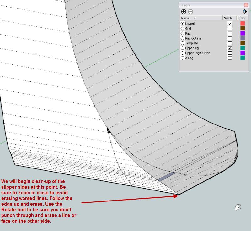 Now we will work on the sides of the slipper. See the picture at left for the starting point. It is easy to erase wanted lines so make liberal use of the zoom tool.