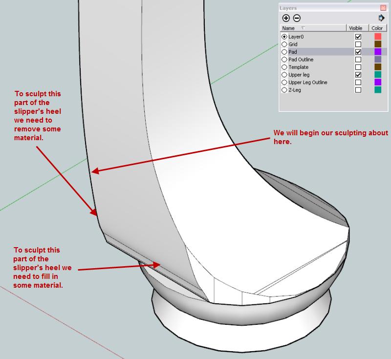 All we have left to sculpt is the heel. Take a look at the picture at left. On the part of the heel closest to the toe we need to add material. On the back of the heel we need to remove material.