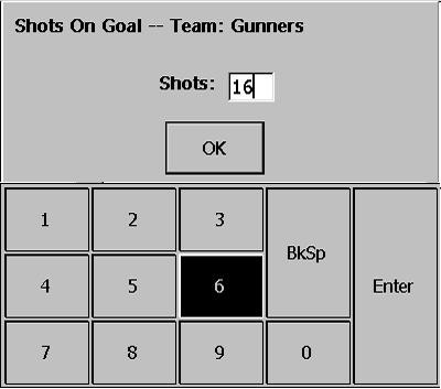 To record a shot on goal: 1. Press the Home Shot or Away Shot button on the terminal/laptop. The number of shots is incremented by one and displayed on the line with the score. 2.