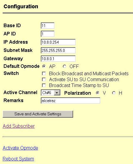 Basic Configuration via Browser Interface Connect to the AP (see Getting Started) and open the Configuration page. 1. Set the Base ID. (Must match the SU.) 2. Set the AP ID.