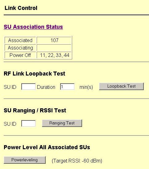 Basic Configuration via Browser Interface Using this page the user can immediately see which SUs have associated. In the page shown, SU ID# 107 is associated, and SU IDs 11, 22, 33, and 44, are not.