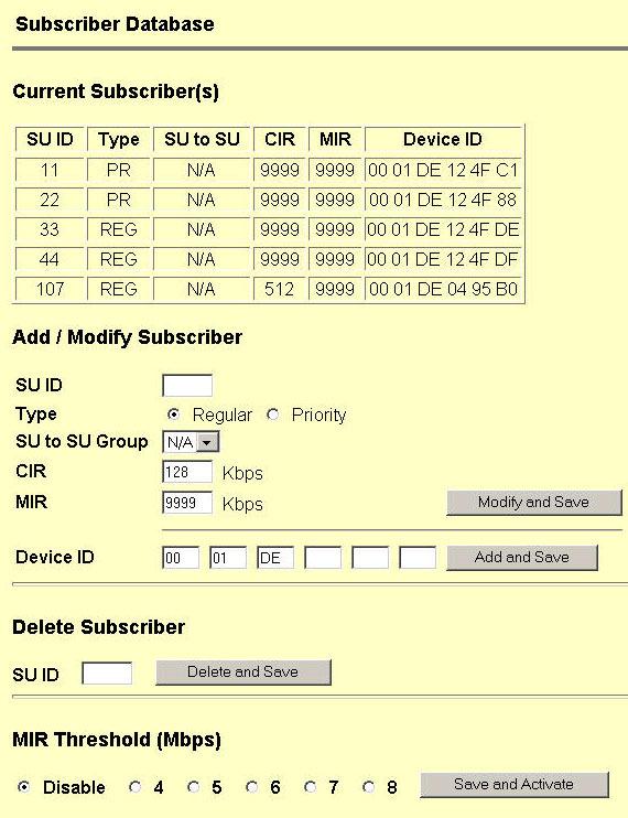 Management AP Subscriber Database Page Current Subscriber(s): This table contains the database for the only SUs that can link to this AP. It displays one SU per row. This table is empty by default.