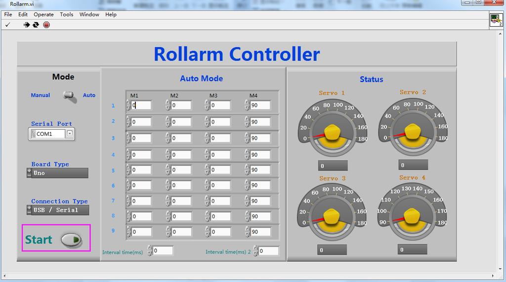 You can move the slider on the window to control the Rollarm. On the right, there are 4 dashboards, 1, 2, 3 and 4, which correspond to the four servos respectively from bottom up.