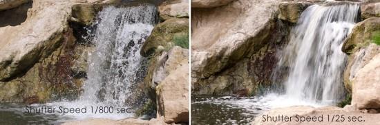 Examples of Shutter Speed controlling motion: WATERFALL: Shutter Speed freezing water movement and pretty blurred water shots: The fast shutter speed at 1/800 (bigger bottom