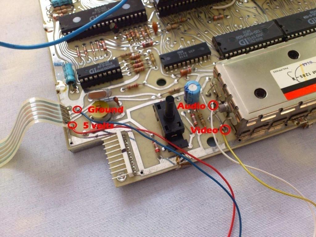 Step 5: Next, solder the wires to the locations shown below. The wires are labelled on your Intellivision A/V circuit; just match them.