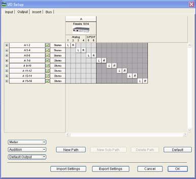 The I/O Setup dialog provides a graphical representation of the inputs, outputs, and signal routing of the M-Audio interface.