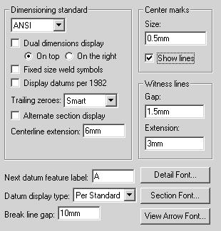 Select ANSI from the Dimensioning standard drop down list. Detailing options are available depending upon the selected standard.