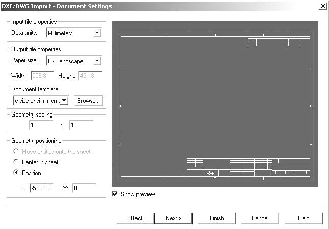42) Click Import to a new drawing from the DXF/DWG Import dialog box. Click Next. 43) Select C-Landscape for Paper Size. Select the Browse button.