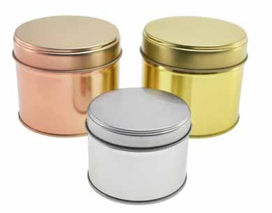 Round Welded Side Seam The round welded side seam tin with step slip lid is available in two sizes and three colours; rose gold, gold and silver.