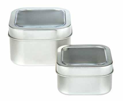 Square Seamless Window Lid This silver seamless square tin comes in two sizes, both with a window slip lid to enable consumers to see the products inside.