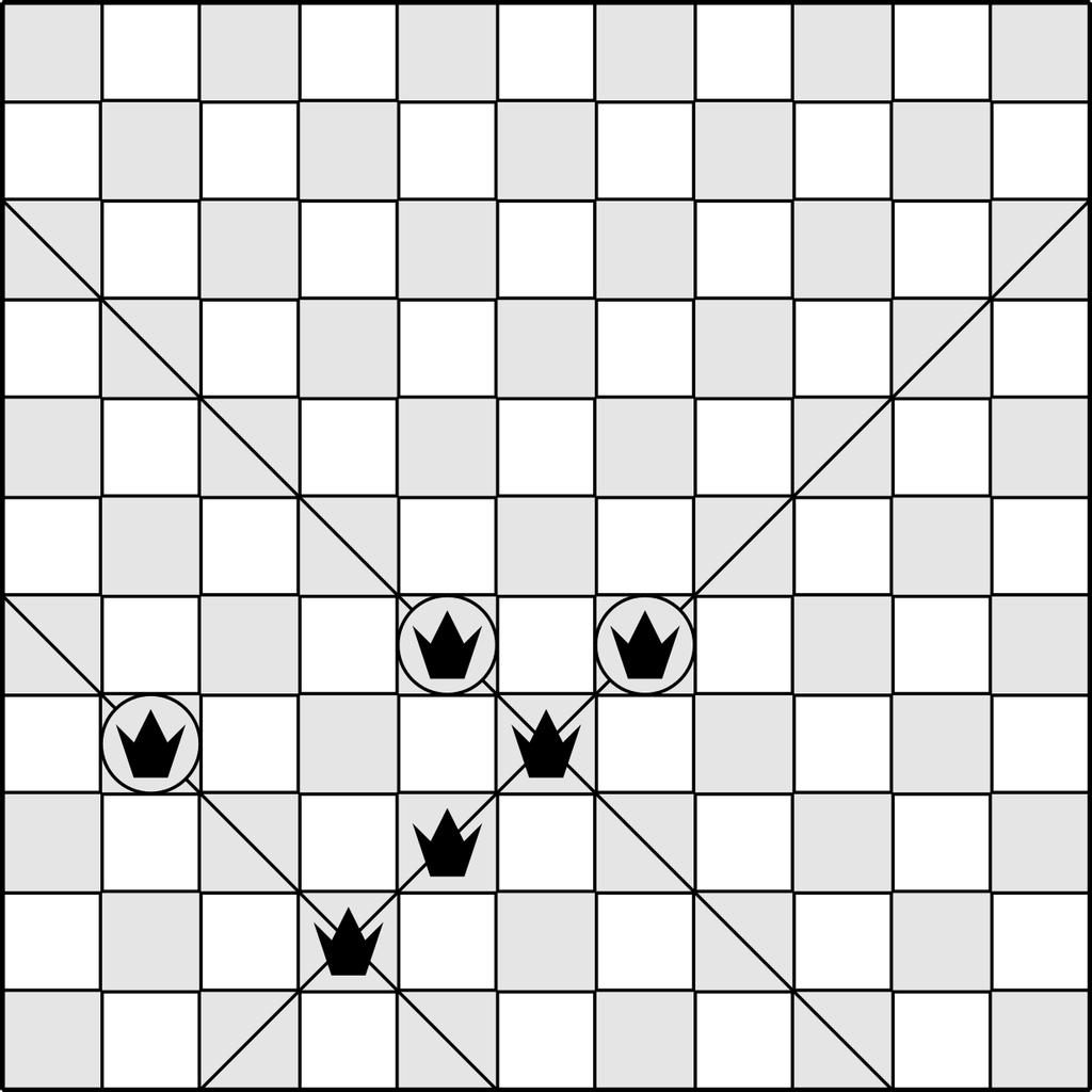 Figure 10: Left: The diagonals passing through a single queen. Note that the sum of the lengths of the darker segments is one more than the length of the board.