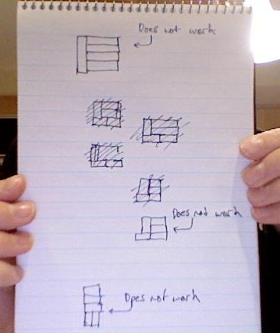 Looking at the picture, I came up with those four figures. each of these would not work. The one on top: 4w = l and "l" equals on side and "w + l" equals one side.