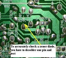 reading with a known good equipment and I m sure you will understand about checking diodes on board. Checking zener diodes, you have to remove one lead from the board.
