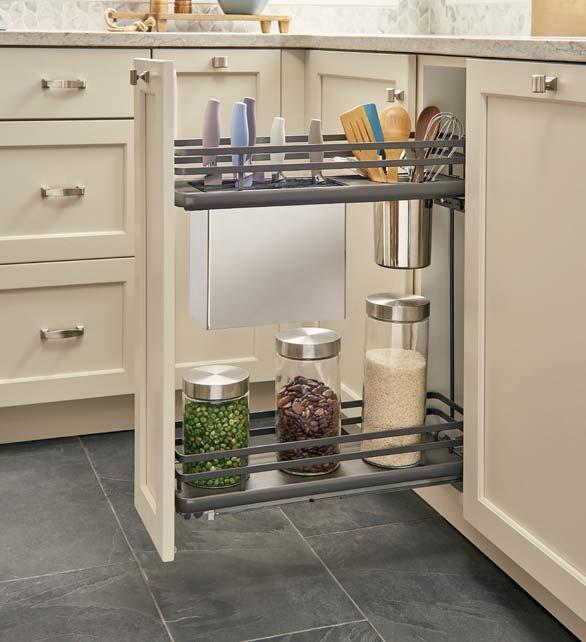 KNIFE BLOCK AND UTENSIL BASE ORGANIZER ORION GRAY PREMIER PULLOUT SHELVES SOLID BOTTOM CONTAINS ONE SHELF, TWO UNITS SHOWN 5330-33BCSC-MP Designed for full access 9 base cabinets Solid bottom shelves