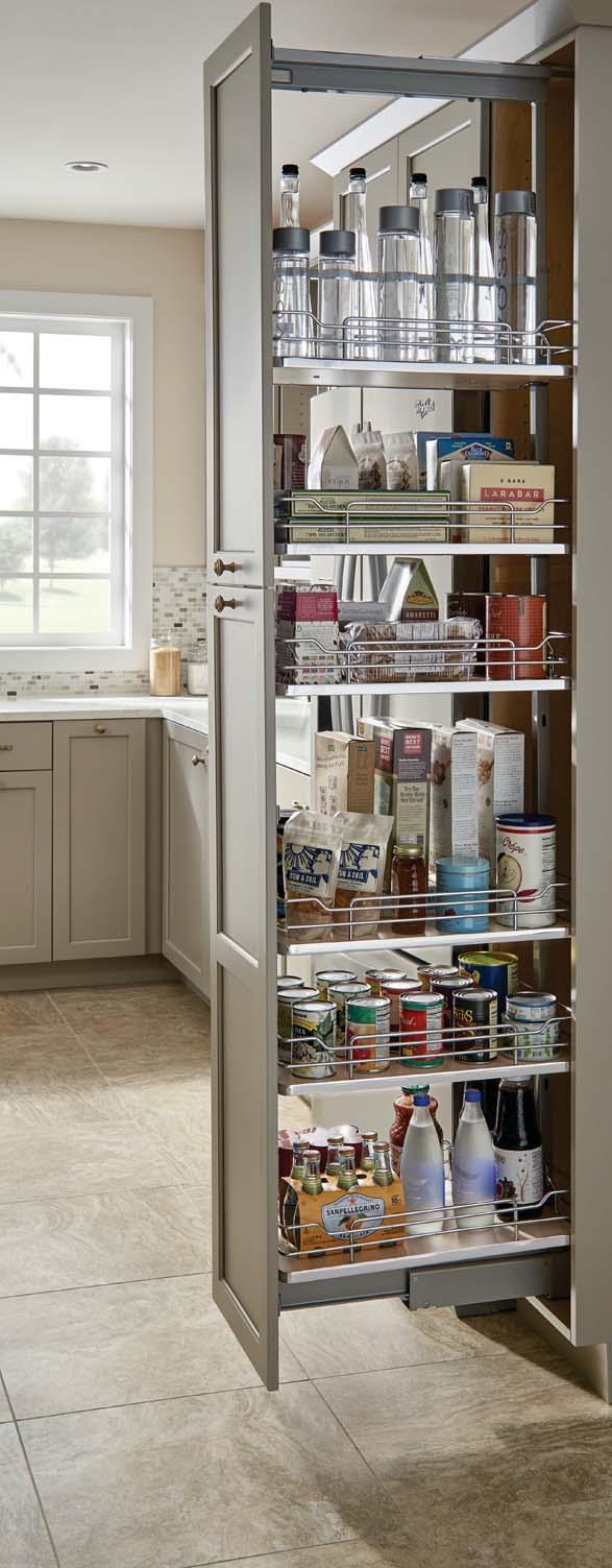 SOFT-CLOSE SOLID BOTTOM PULLOUT PANTRY Available in five widths and four height ranges for full access (frameless) 24 deep cabinetry Maple or gray solid bottom shelves Full-extension slides with