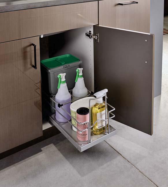 SINK BASE WASTE & CLEANING PULLOUT UNDER SINK CLEANING CADDY Designed for 24 and larger sink base cabinets (1) 8 L bin with handles, metallic silver (2) 1 L spray