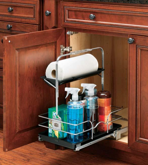 rated, concealed slides with soft-close Mounts to cabinet floor (1) green lid Designed for 30 and larger sink base cabinets Store multiple cleaning items in this