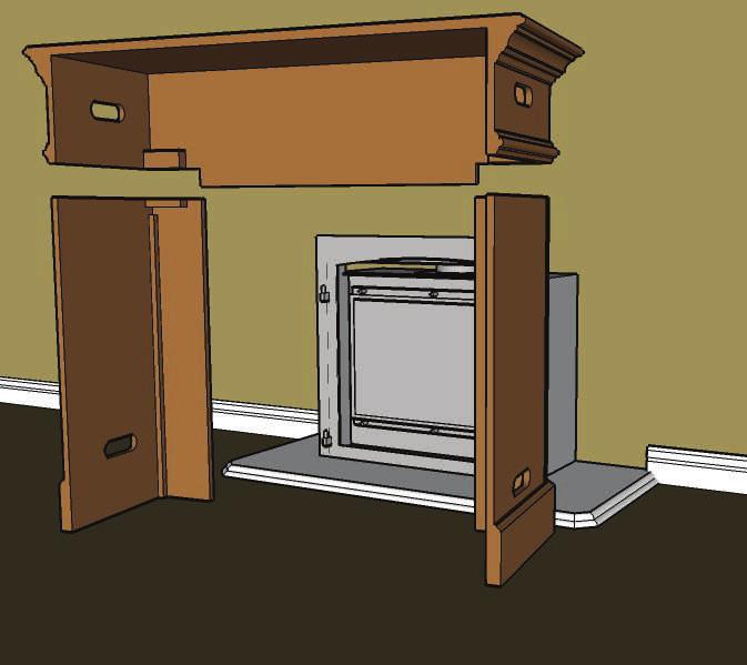 To assemble the mantel, carefully position the two legs, and set the shelf down on top of the legs.